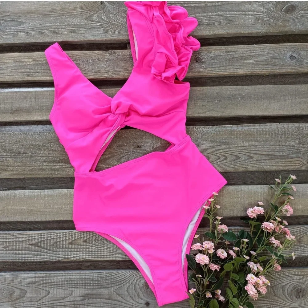 Barbie Hot Pink Ruffled Cut-Out Plunging Swimsuit